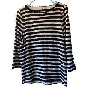 Talbots Petite LP Black White Striped Sequin‎ 3/4 Sleeve Knit Top Tunic